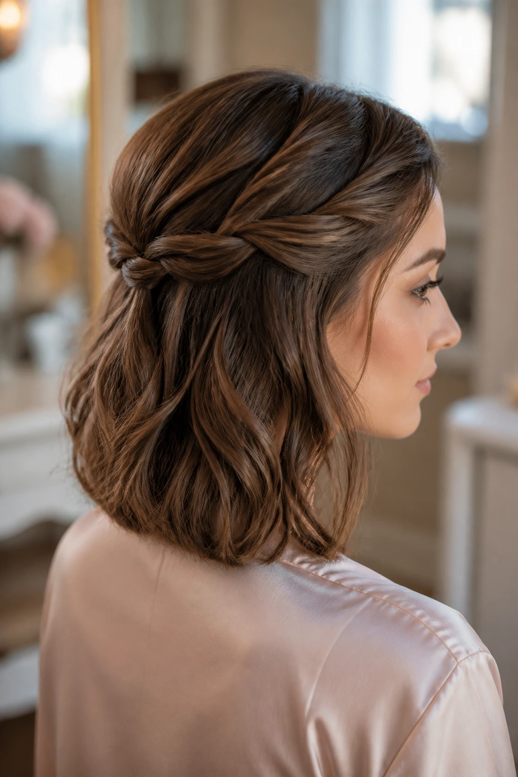 Close-up of a real woman showing two small twists half-up for shorter hair.