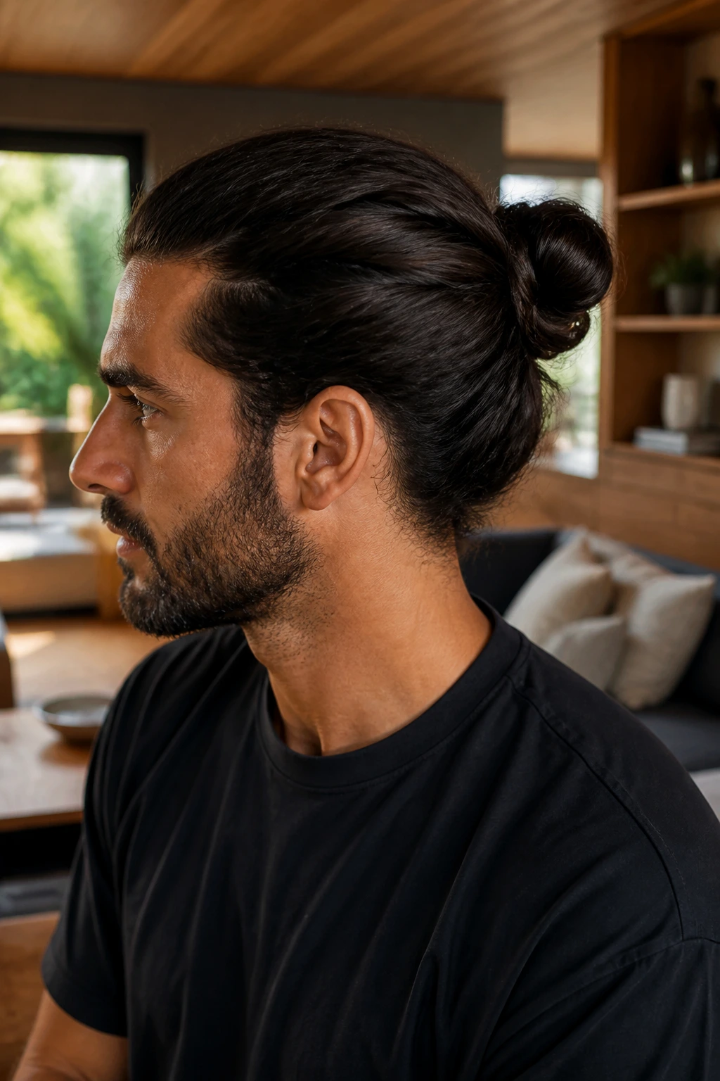 Close-up portrait of a man with a double-twist knot hairstyle