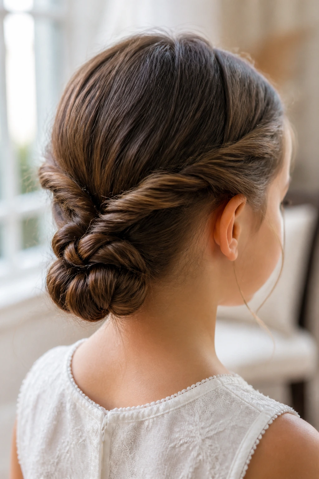 Close-up of a real girl with a double-twist knot low bun at the nape
