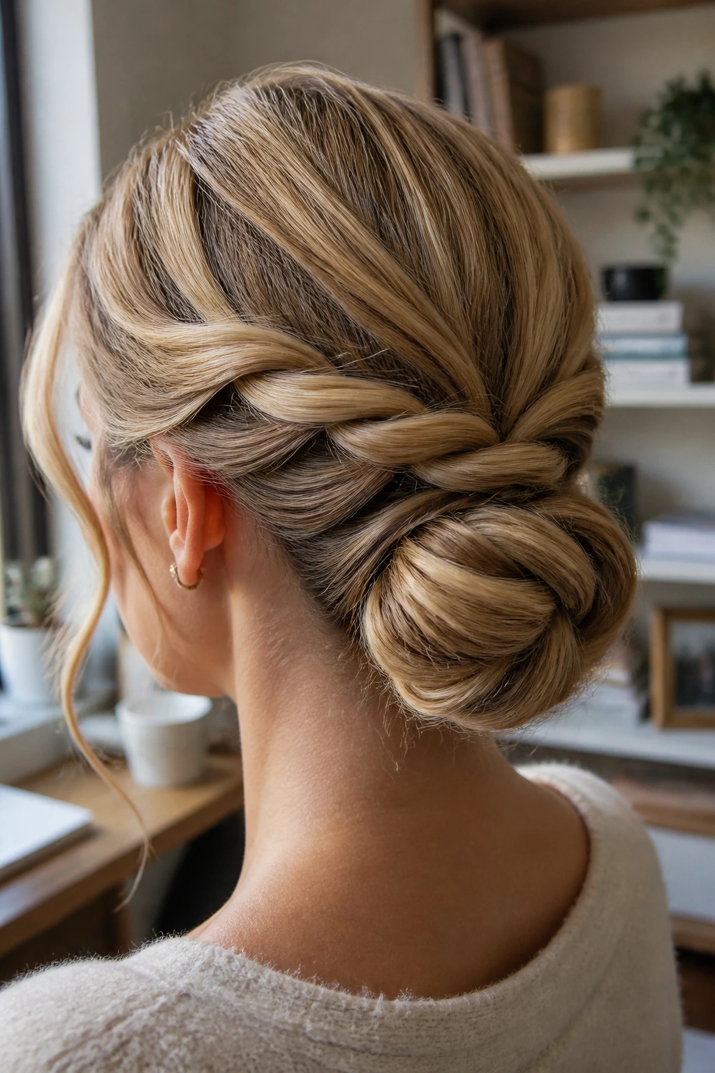 Back view of a real woman with two twists forming a low bun