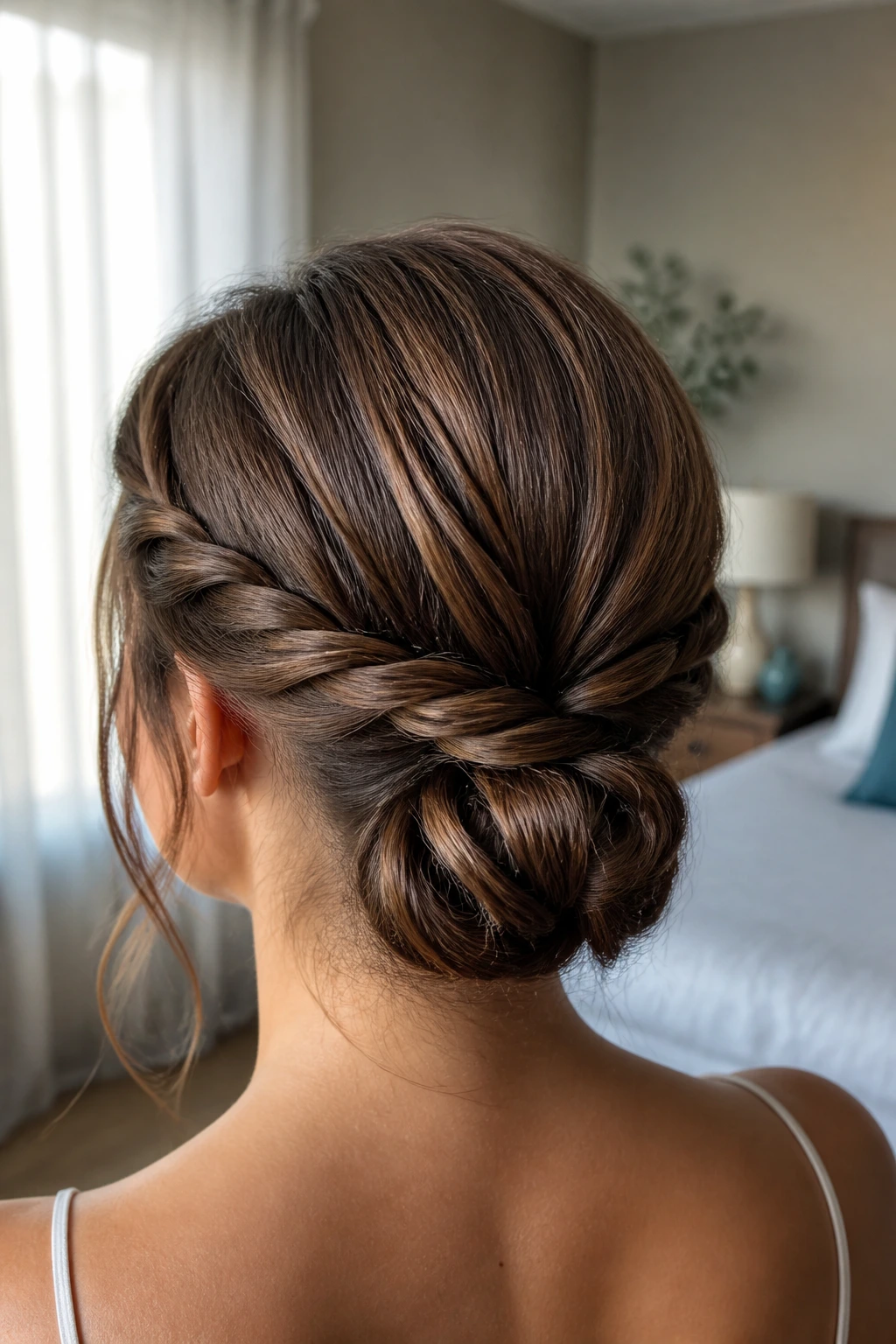 Close-up of double twist low bun on a real woman at the nape.