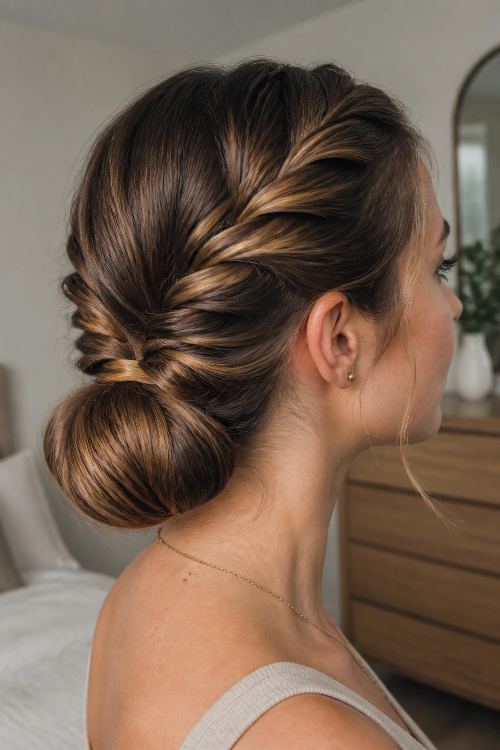 Close-up of a real woman with a double-twist low bun at the nape