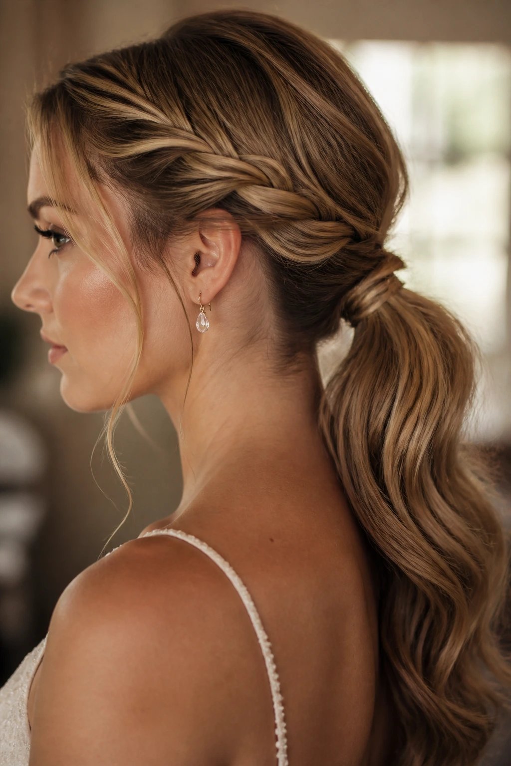 Close-up of a real woman with a double-twist low ponytail showing temple-to-nape twists.