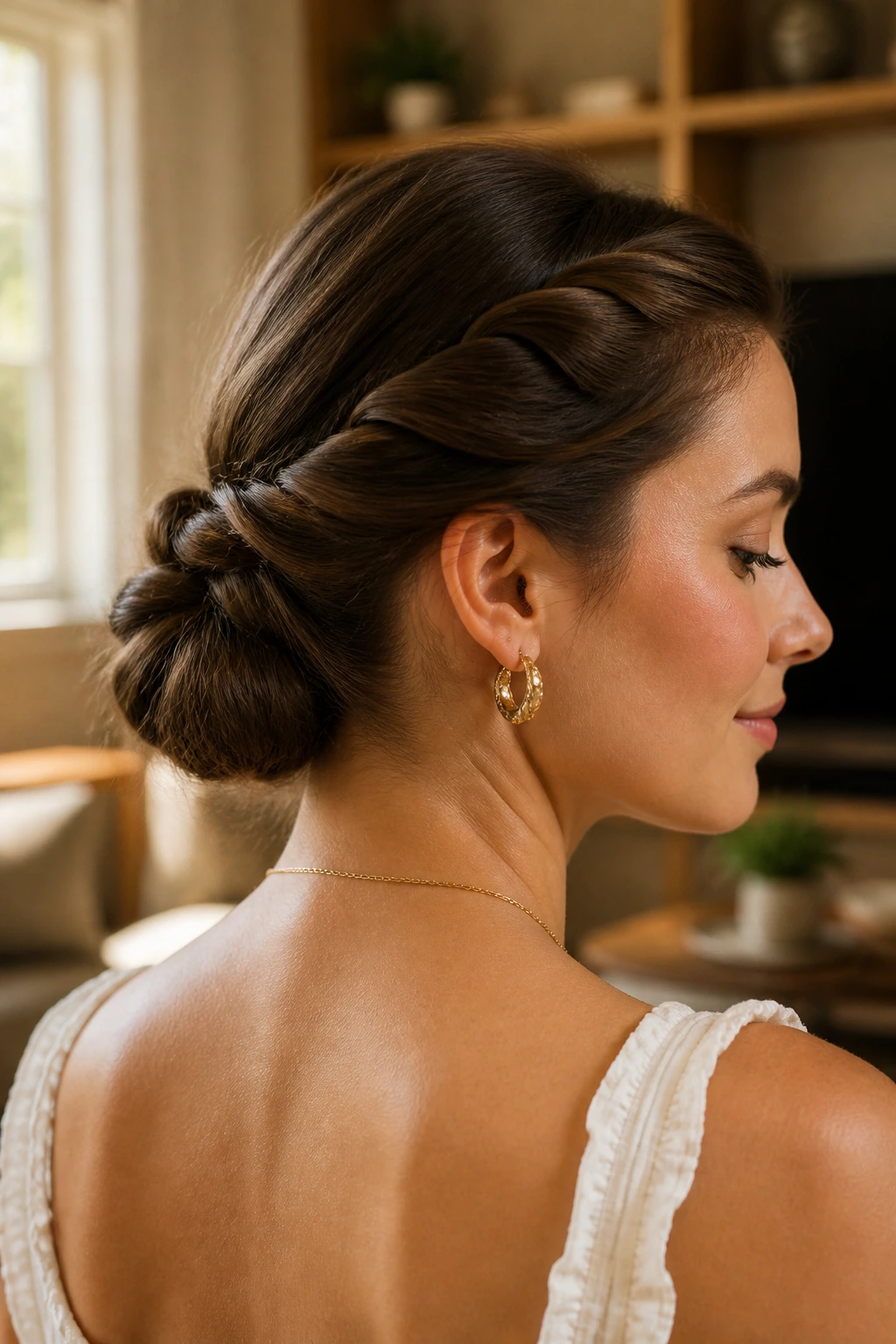 Two twists at the nape anchoring a bun on a real woman, close-up