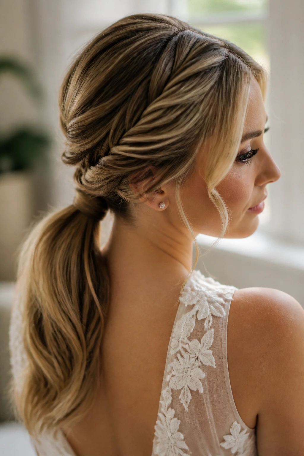 Close-up of a bride with double-twist low ponytail at the nape