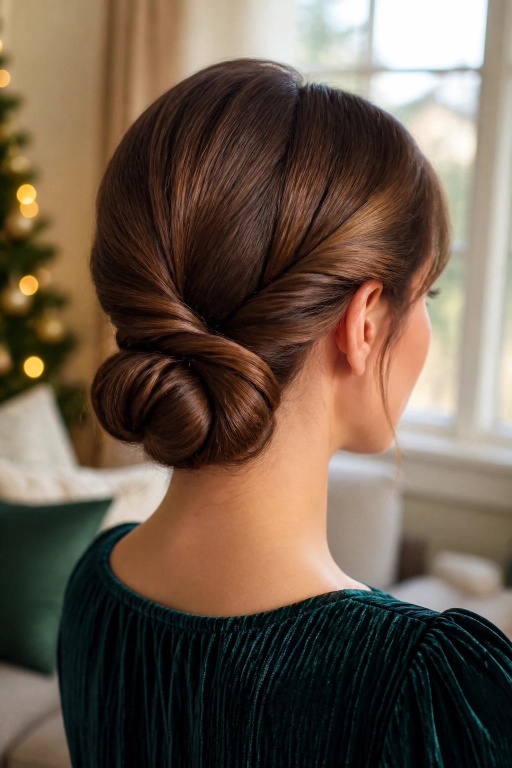 Close-up portrait of a real woman with a double-twist roll at the nape in a warm living room