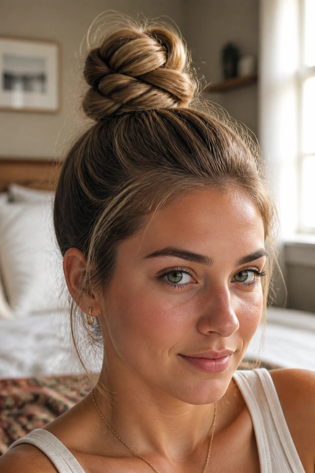 Close-up of a real woman with a double-twist top knot in warm window light.