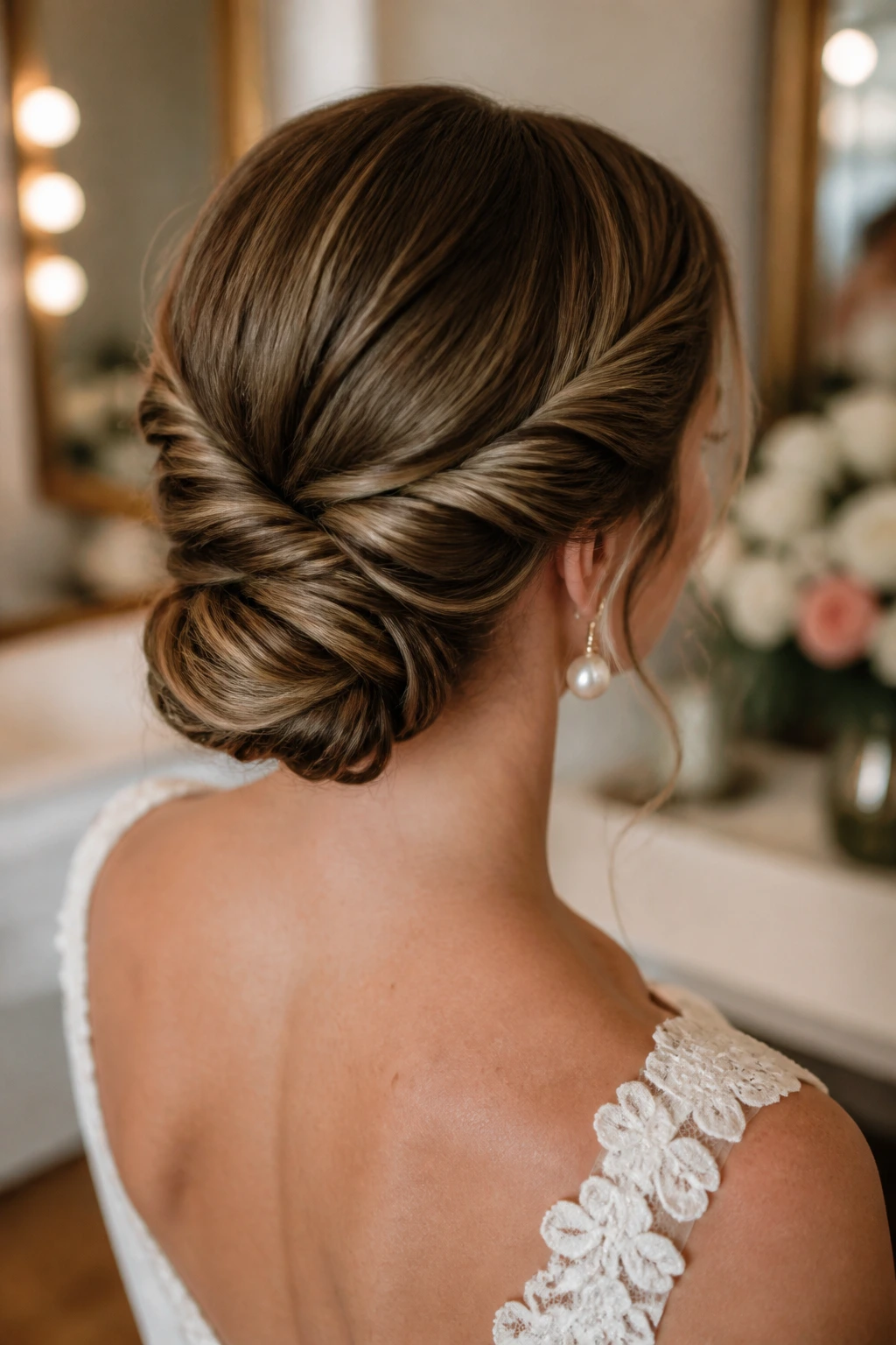 Back and side view of real bride with double twist updo