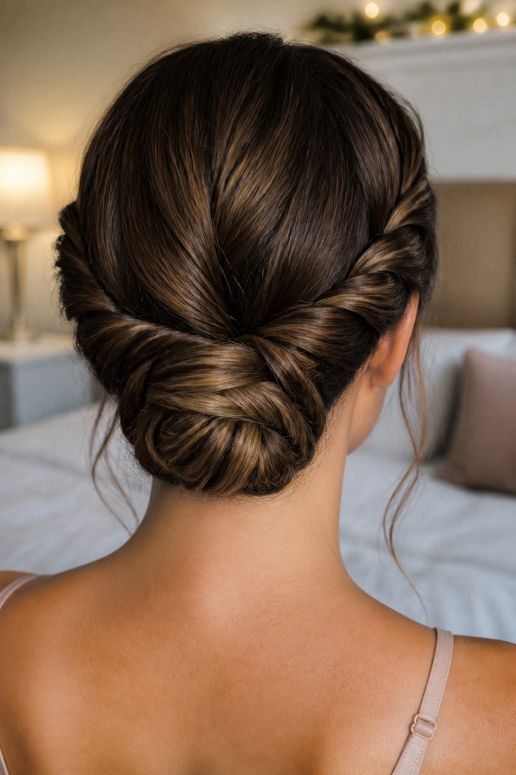 Back view close-up of a real woman with a double twisted bun at the nape