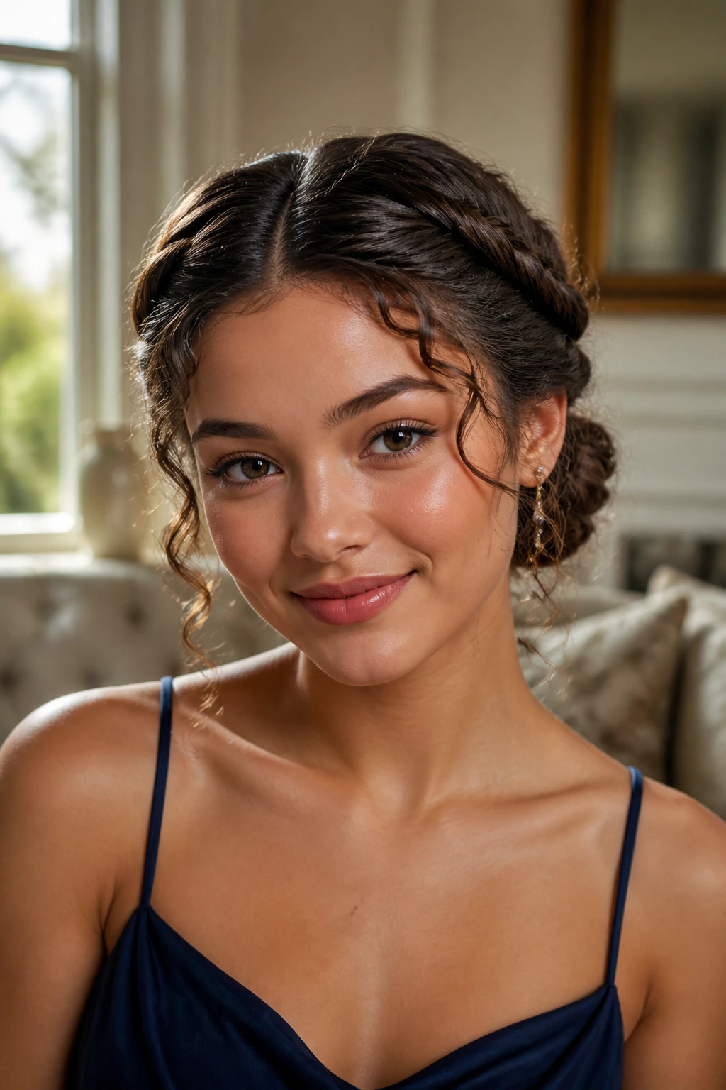 Front view of a real woman with double twisted crown bun