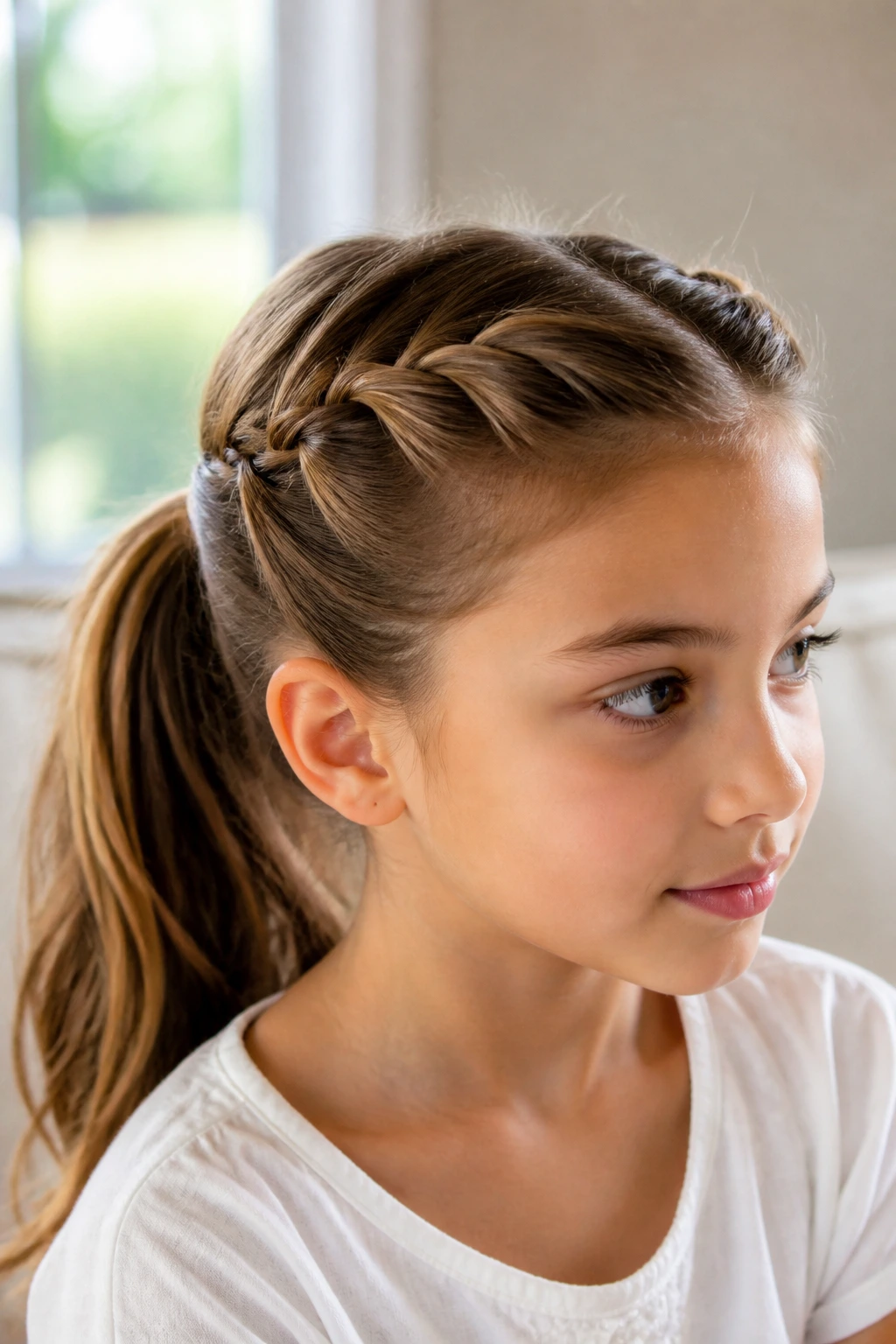 Portrait of a girl with double twists leading into a ponytail on top of head