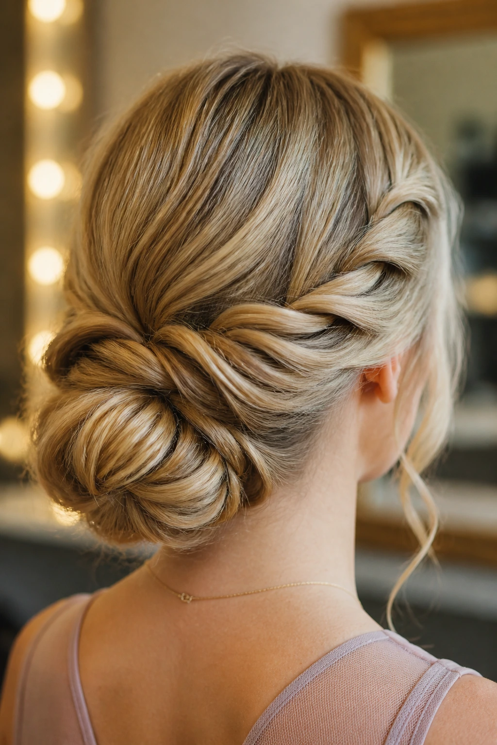 Real woman with two front twists forming a soft bun at the nape