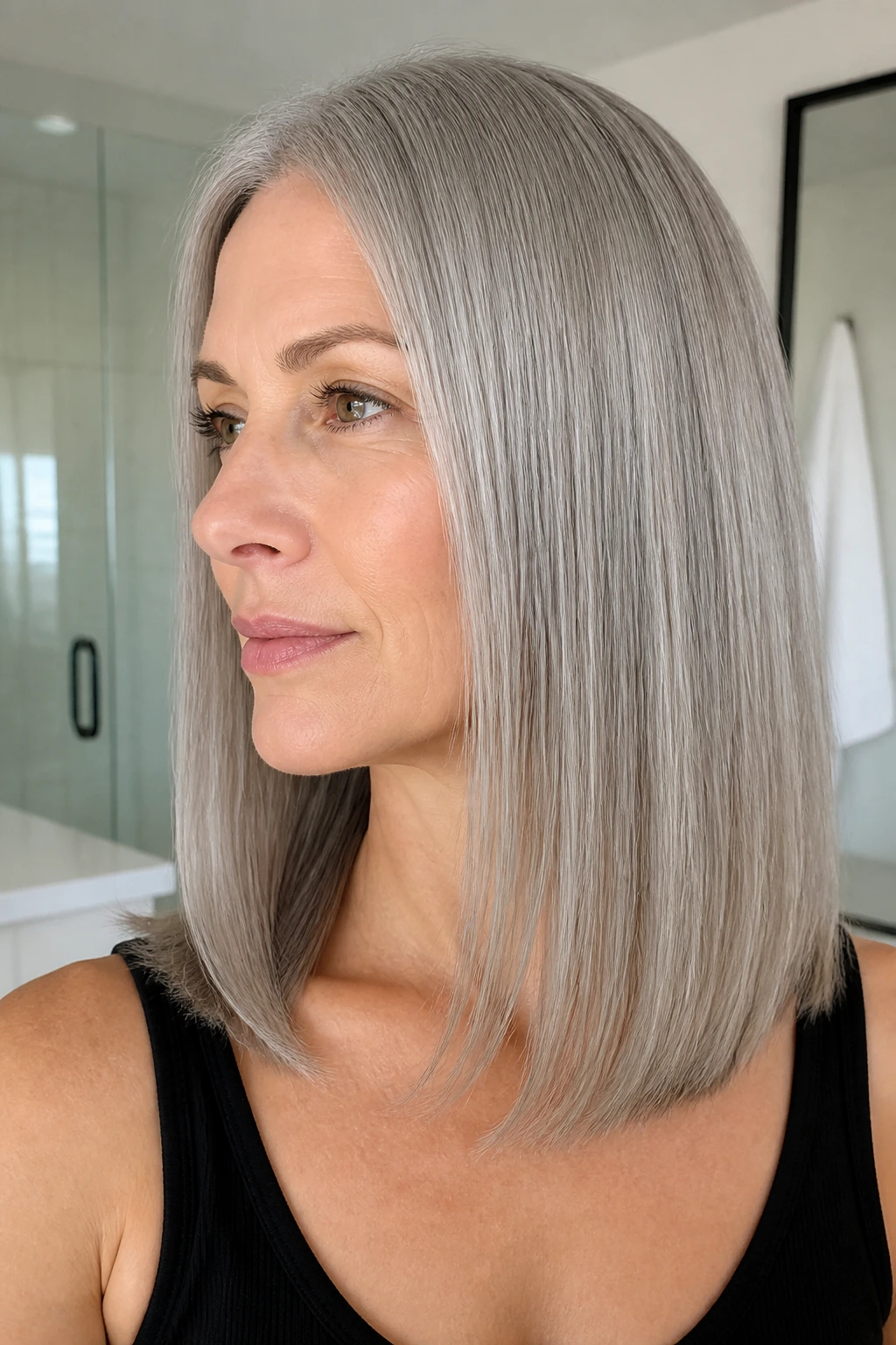 Real woman with straight shoulder-length hair in dove gray gloss