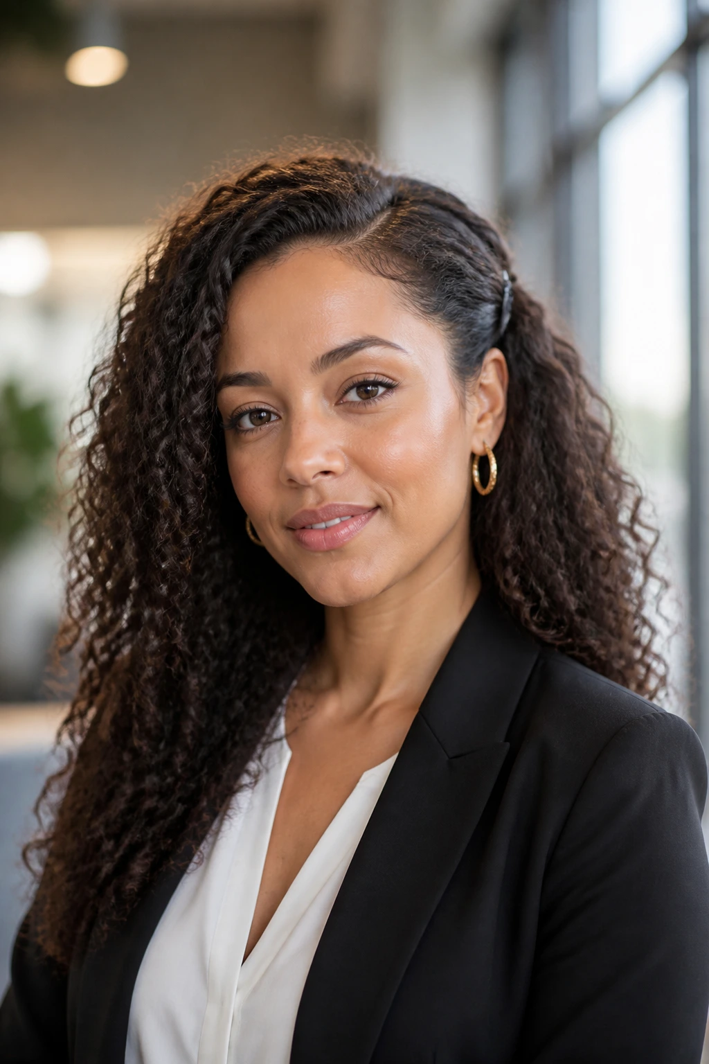 Real woman with defined curls and side-parted down hairstyle in office light