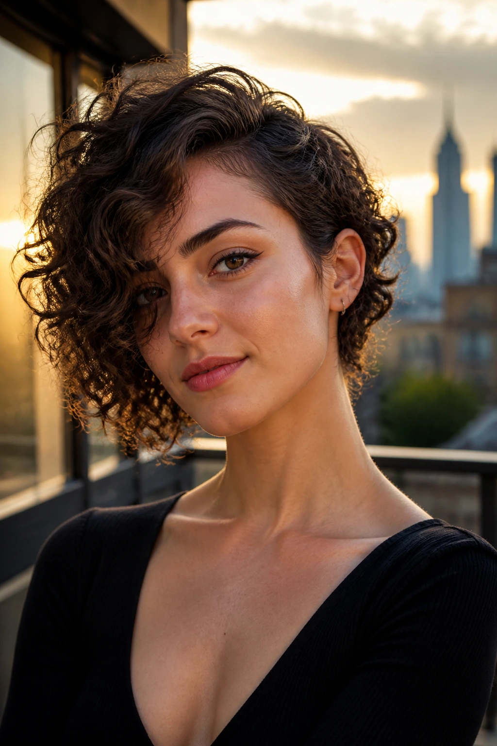 Close-up of a real person with dramatic asymmetry in chin-length curls