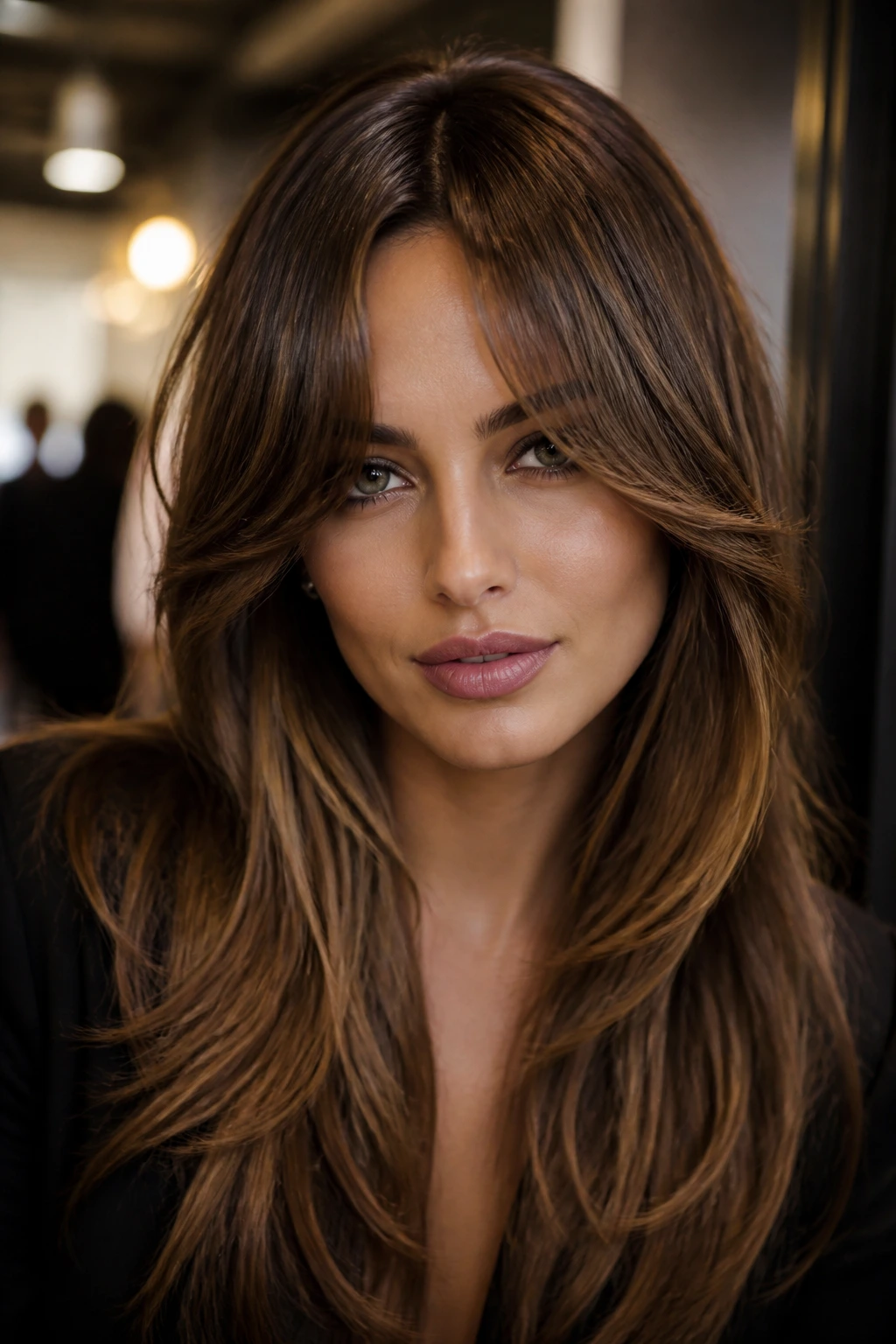 Close-up portrait of a real woman with dramatic bottleneck bangs and long swooping sides
