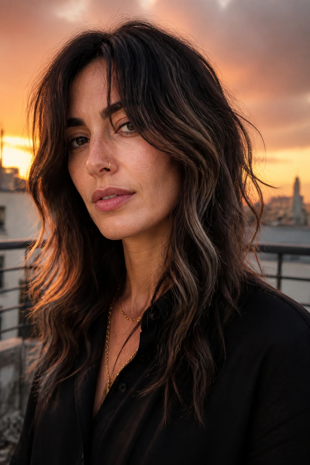 Real woman with dramatic face-framing front pieces in wavy hair