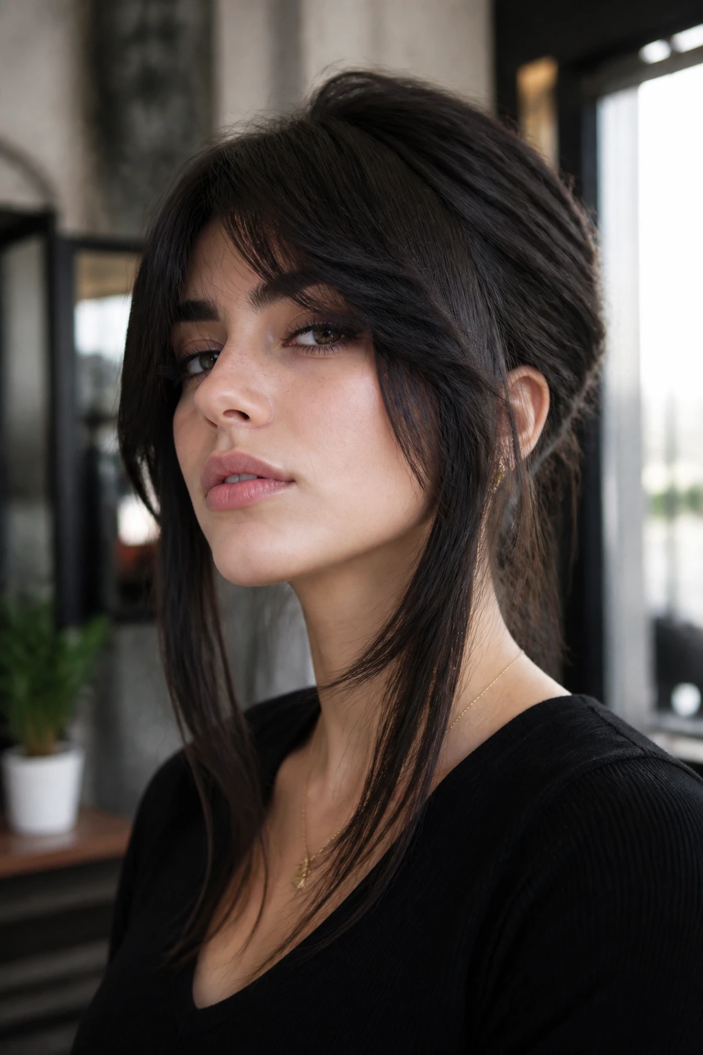 Close-up portrait of a real woman with Dramatic Face-Frame Shag With Tucked Back Layers