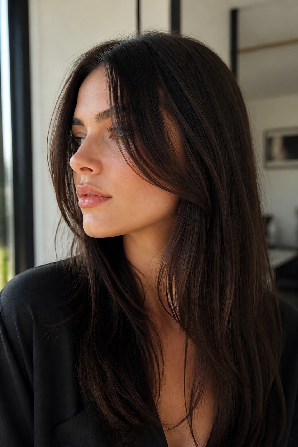 Close-up of a real woman with dramatic long curtain bangs