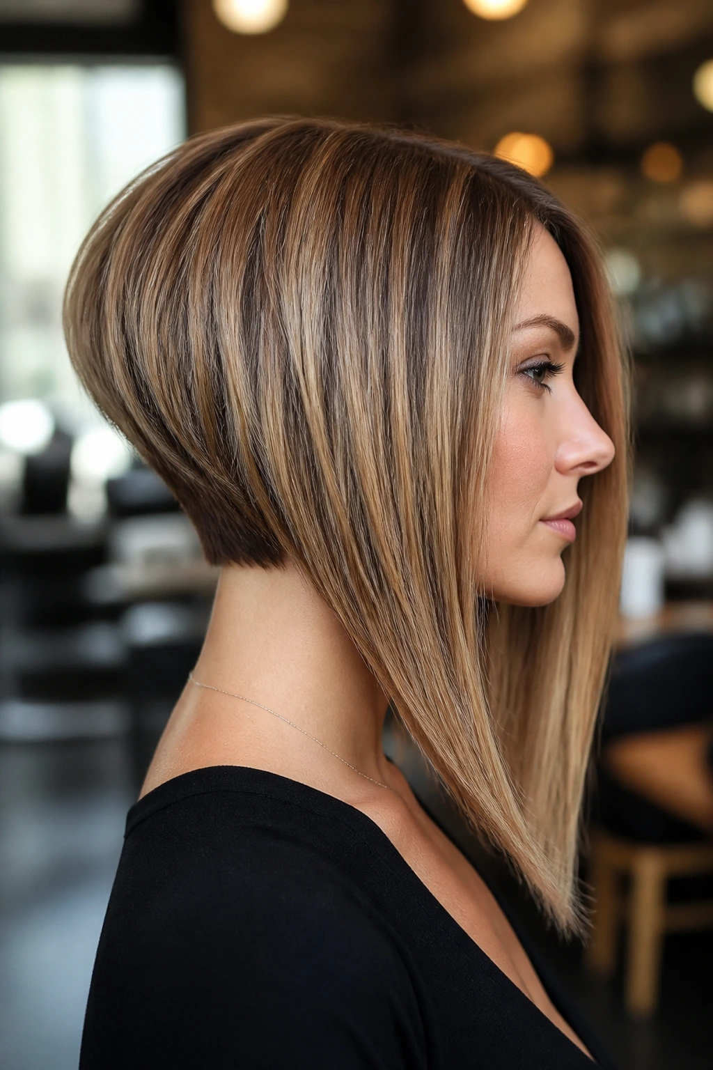 Portrait of a real person with a dramatic long-front stacked bob