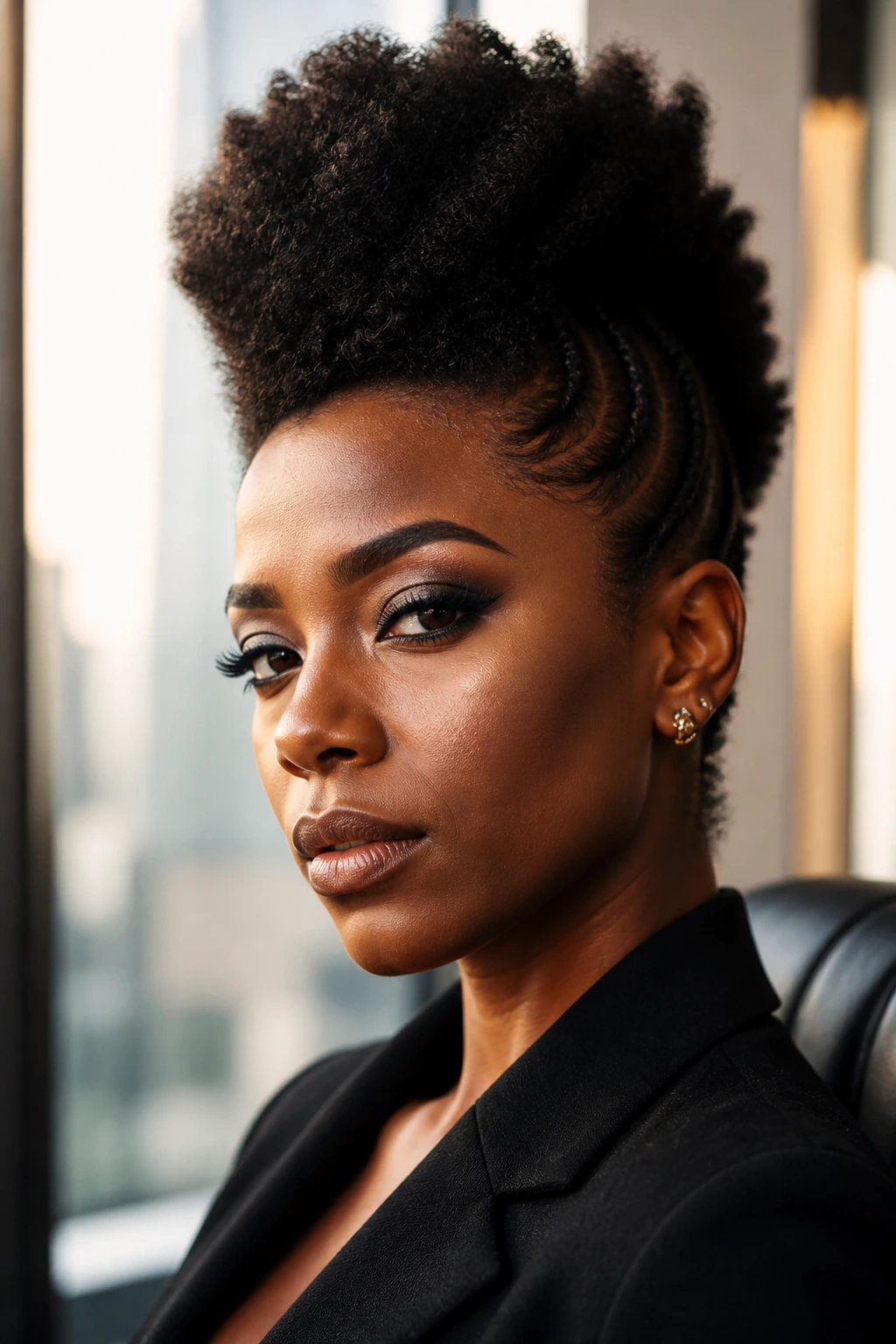 Woman in blazer with dramatic high center mohawk.