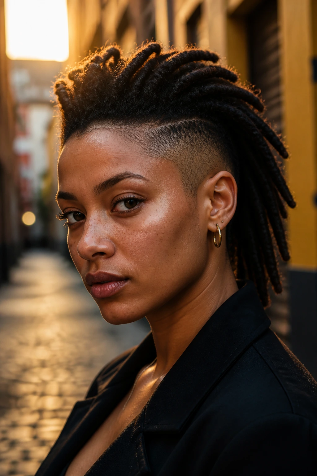 Portrait of a person with a dreadhawk and tapered sides in golden hour light