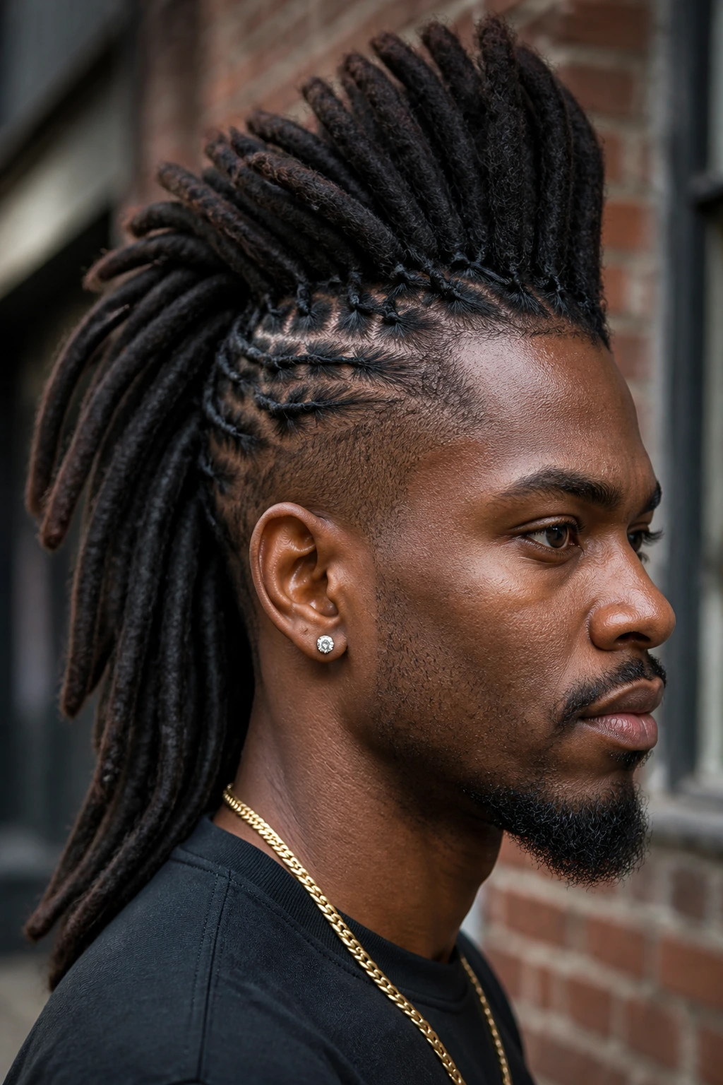 Portrait of a real person with a dreadlock mohawk and pinned sides.