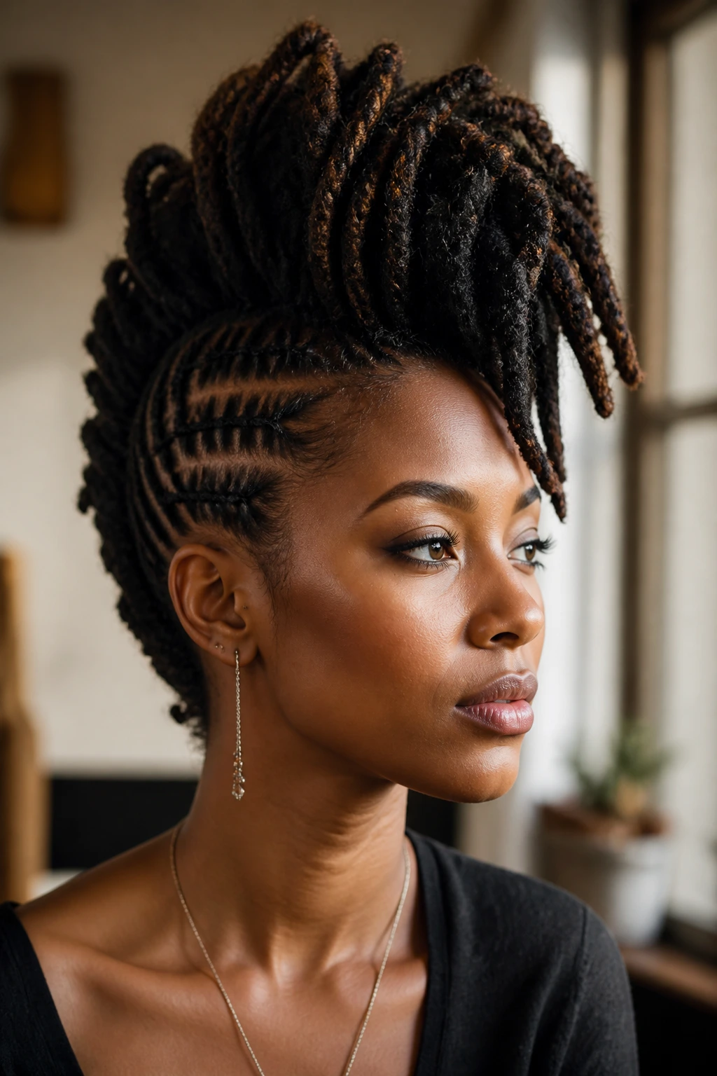Close-up of a real person with a dreadlock mohawk showing balanced weight and tall center crest.