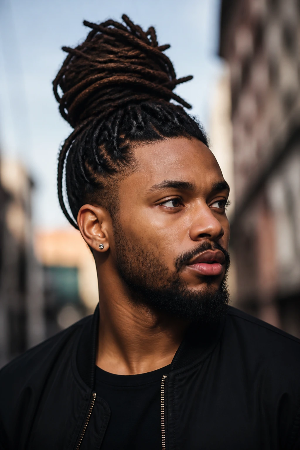 Close-up portrait of a man with a dreadlock top knot on city street