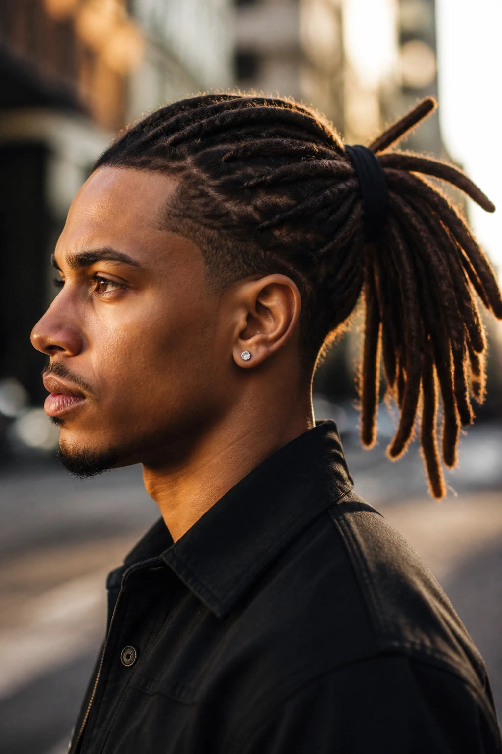 Close-up of a real man with a mid-height dreadlock ponytail and cushioned roots
