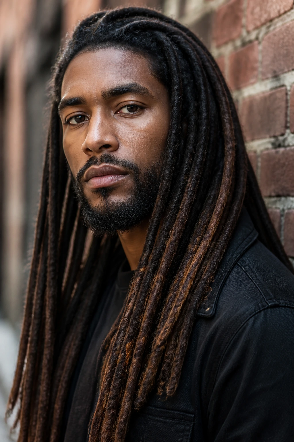 Portrait of a person with long dreadlocks in an urban setting.