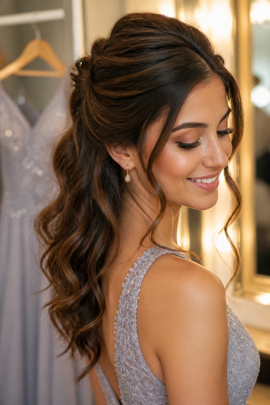 Portrait of a real woman with a flattering half-up hairstyle matching her dress