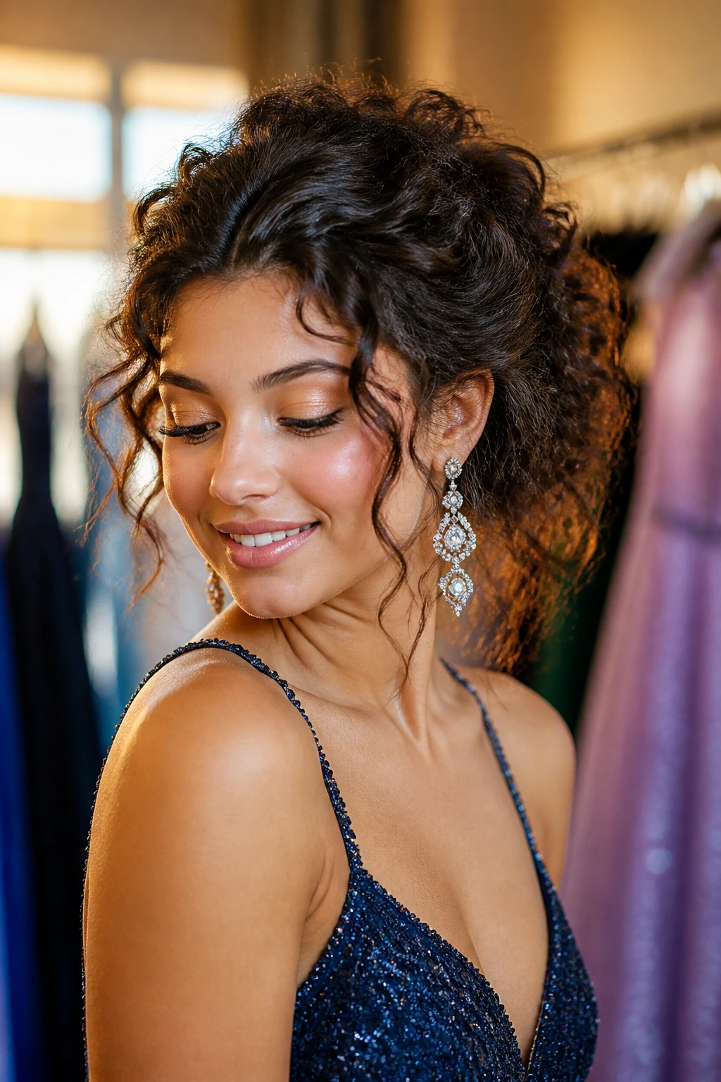 Real woman with coordinated hairstyle, dress, and jewelry for prom photography