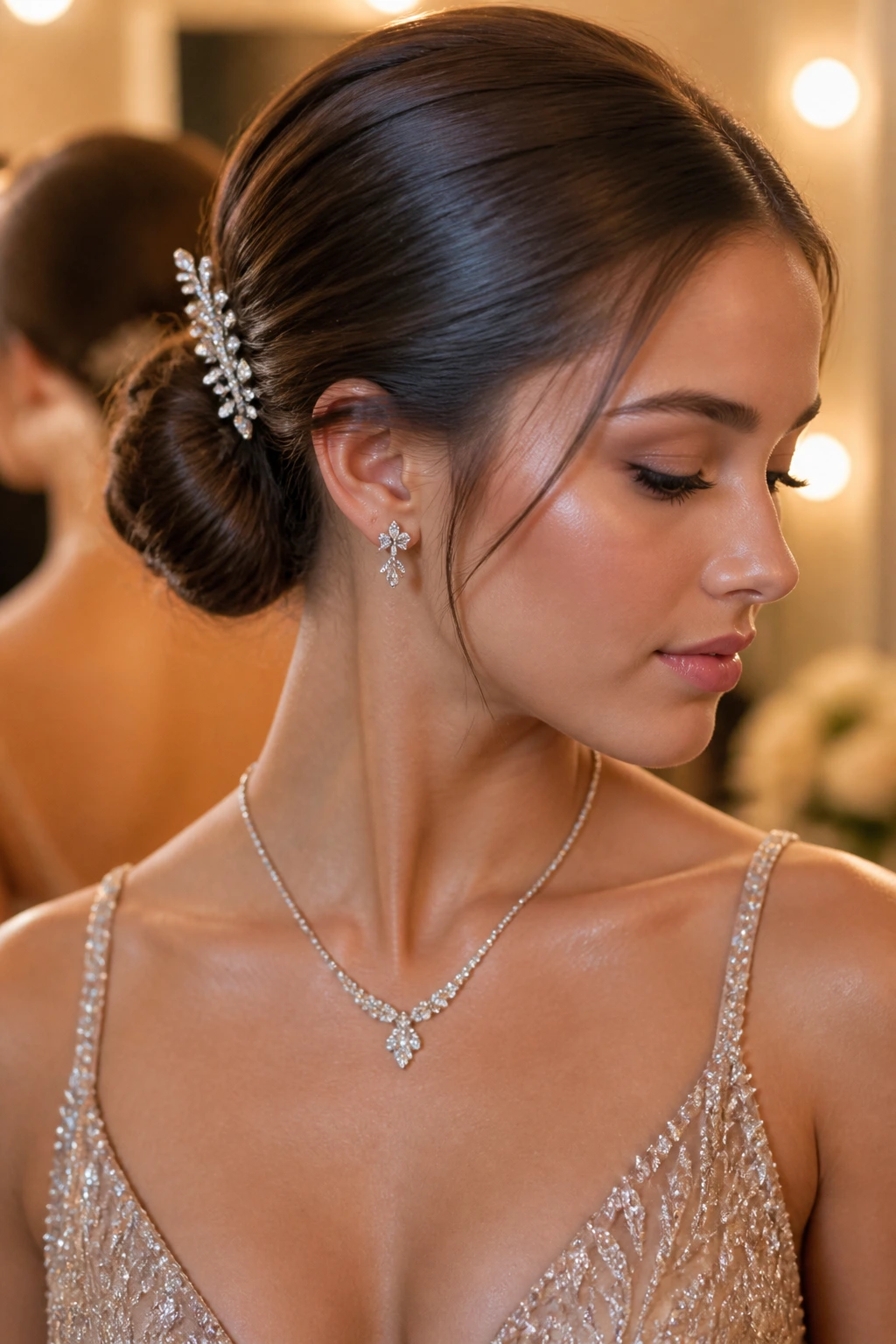 Portrait of a woman in a gown with a refined updo and jewelry