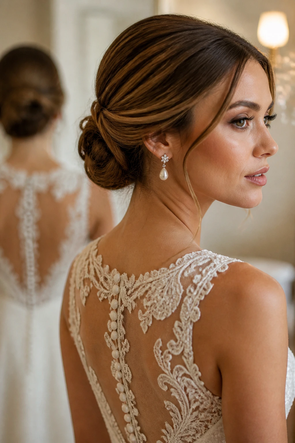 Bride with a low chignon matching a detailed back of the wedding dress.