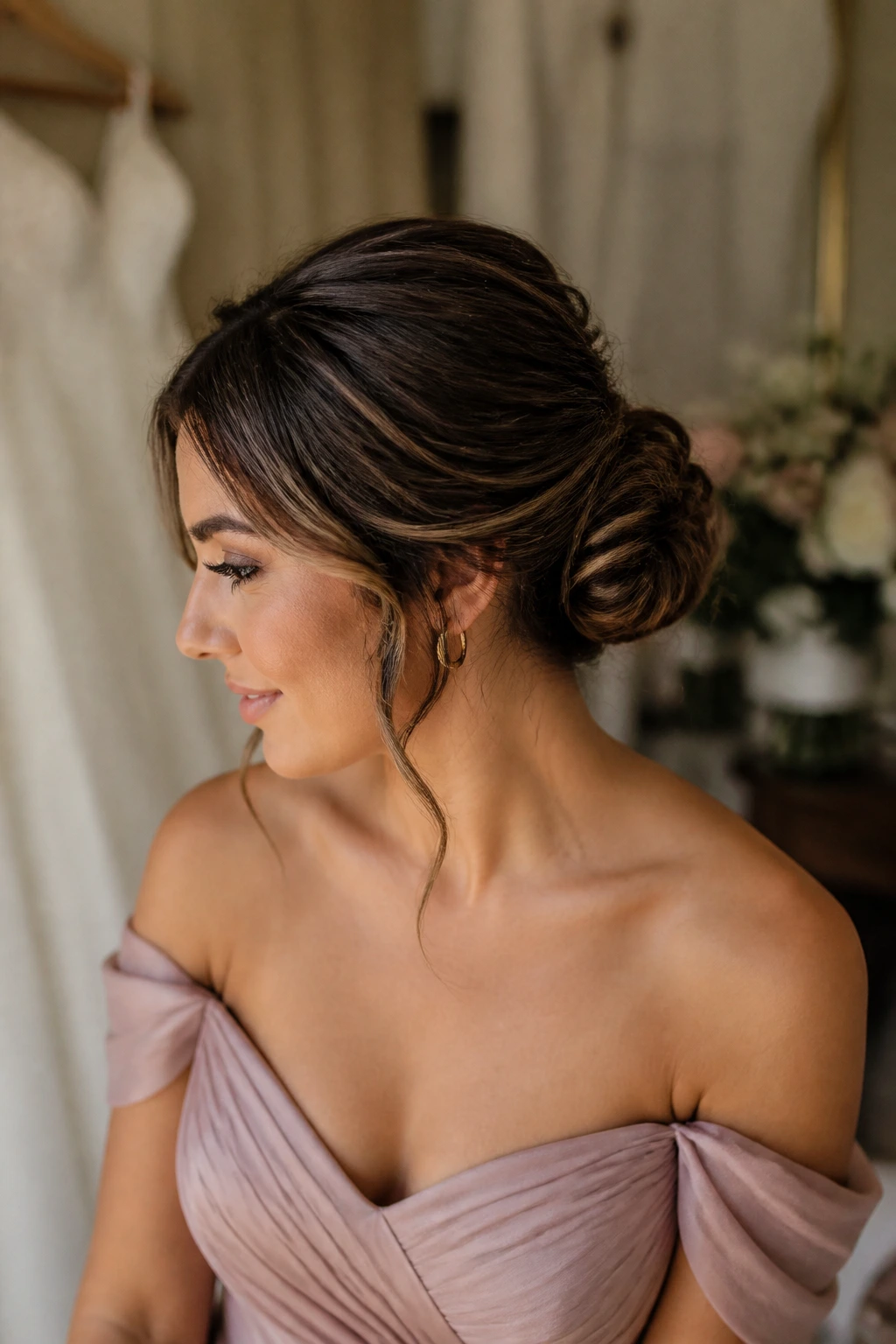 Close-up of a bun matching an off-shoulder dress neckline