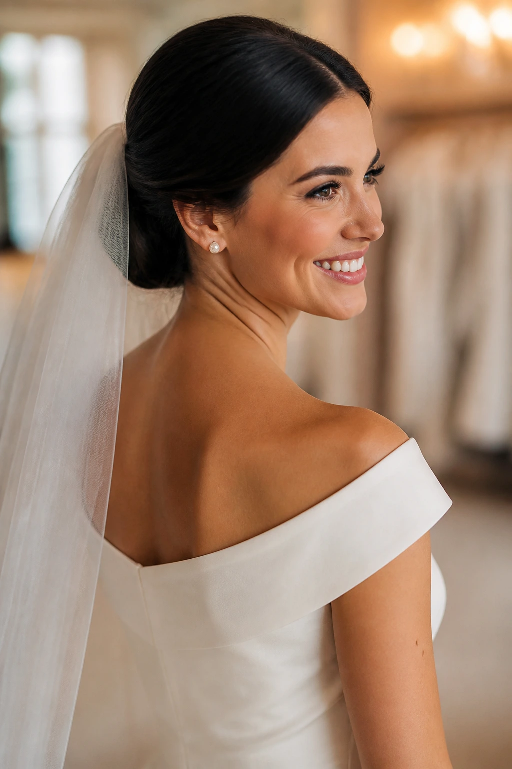 Bride with off-shoulder neckline and complementary hairstyle