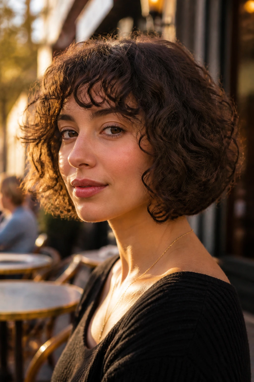 Portrait of a real woman with a drop-curve curly bob