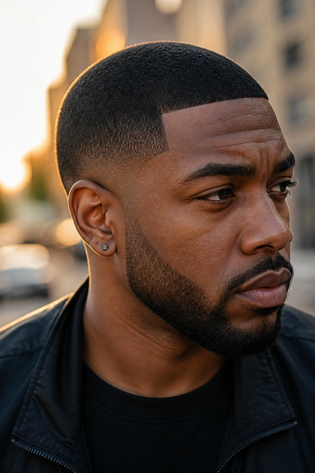 Close-up portrait of a Black man with drop fade buzz behind the ear.