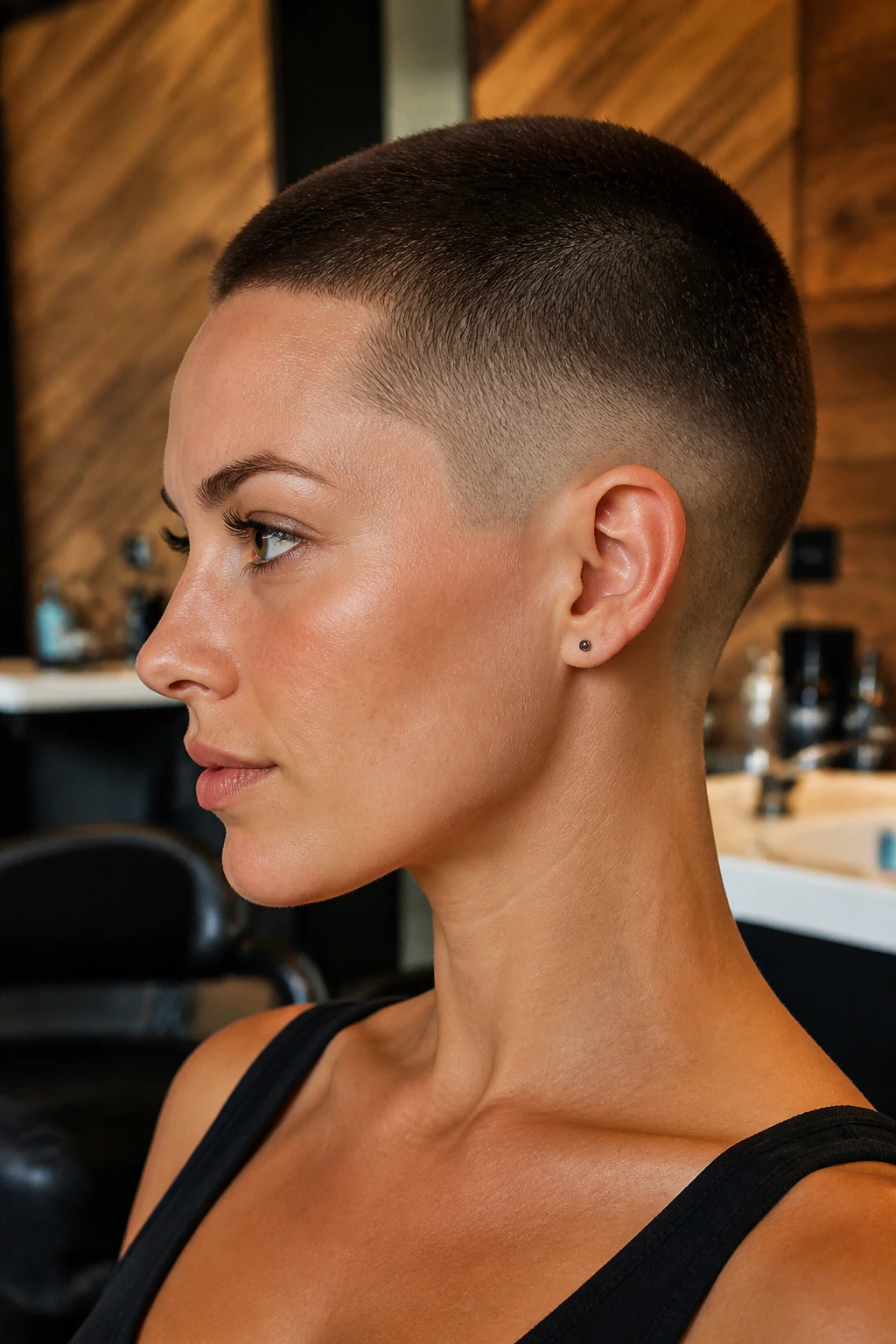 Close-up portrait of a real woman with a drop fade buzz cut