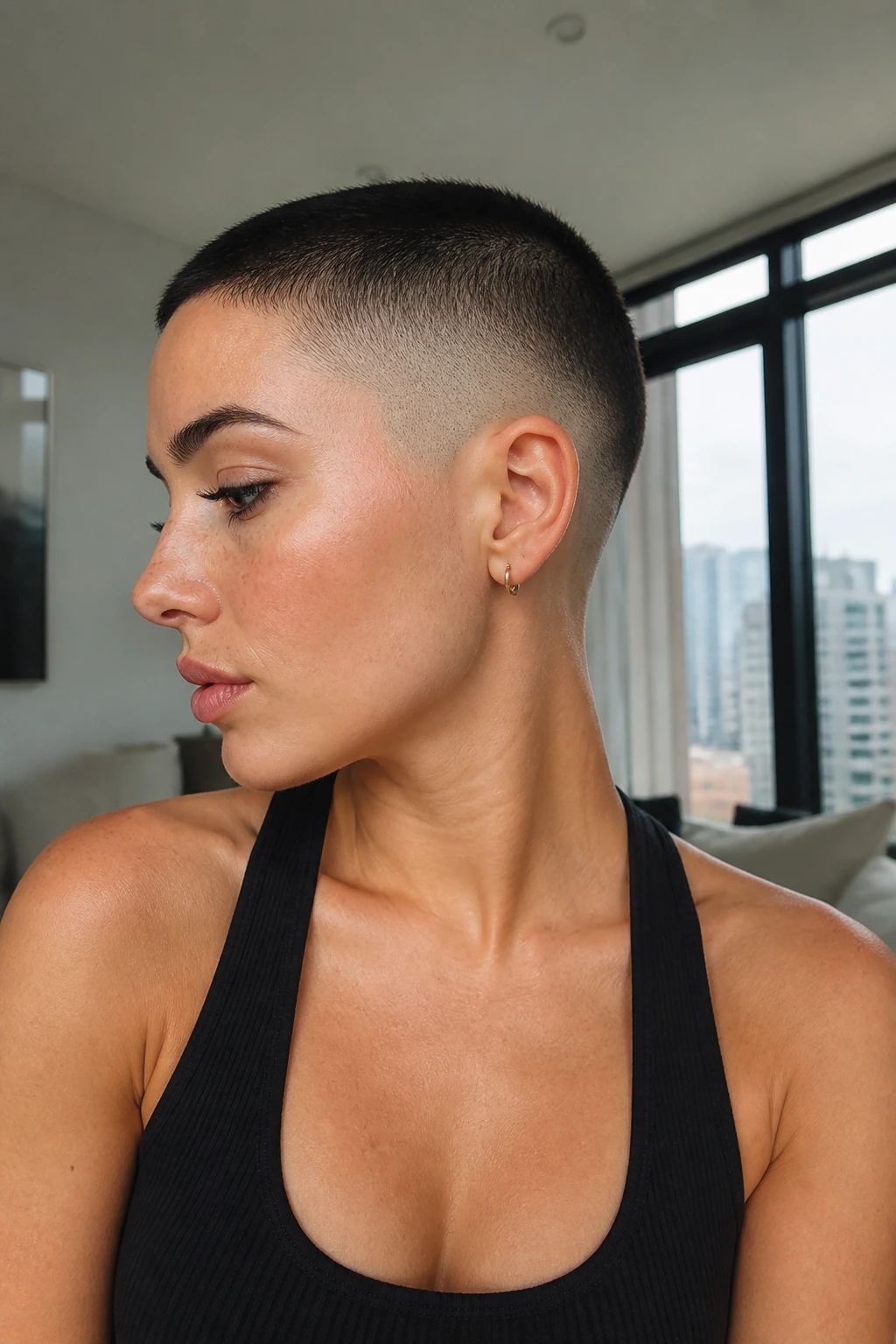 Close-up portrait of a real woman with a drop fade buzz cut in an apartment setting