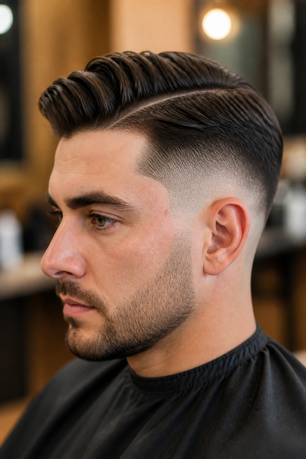 Man with drop fade comb over hairstyle in barber shop
