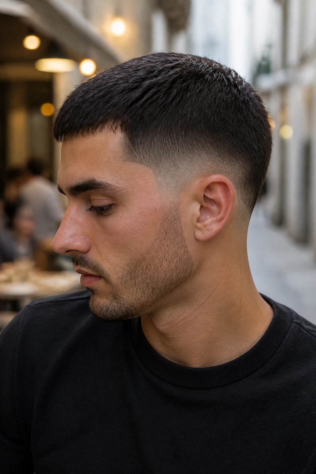 Close-up portrait of a man with a drop fade crew cut in a cafe setting