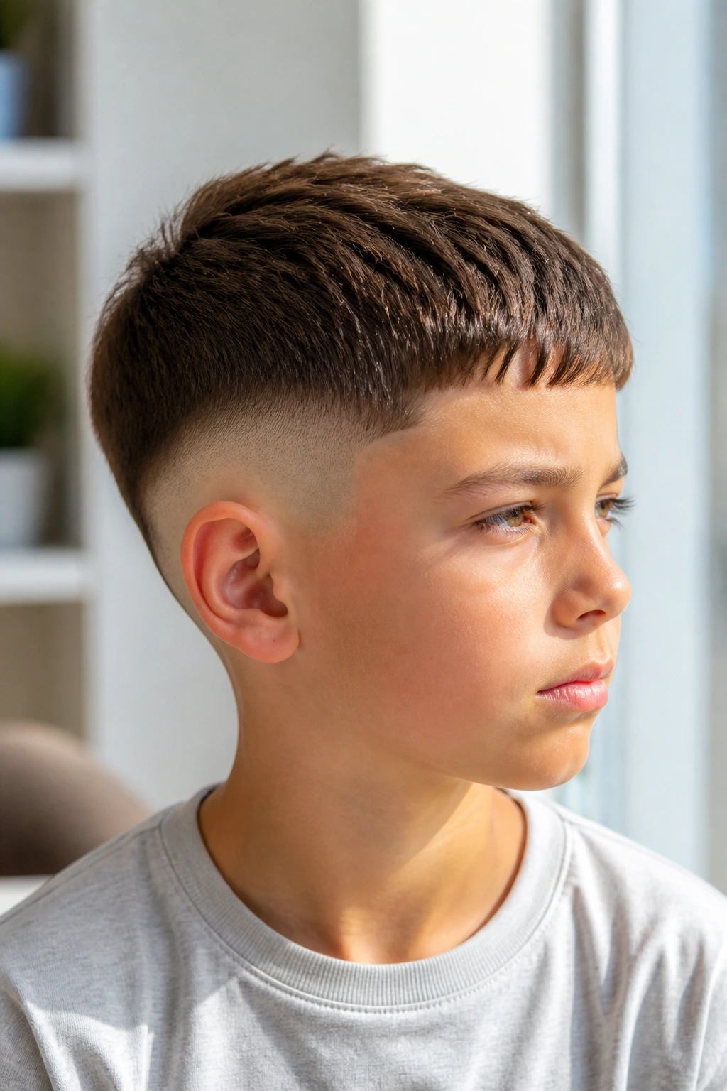 Real boy with drop fade and cropped top in natural daylight