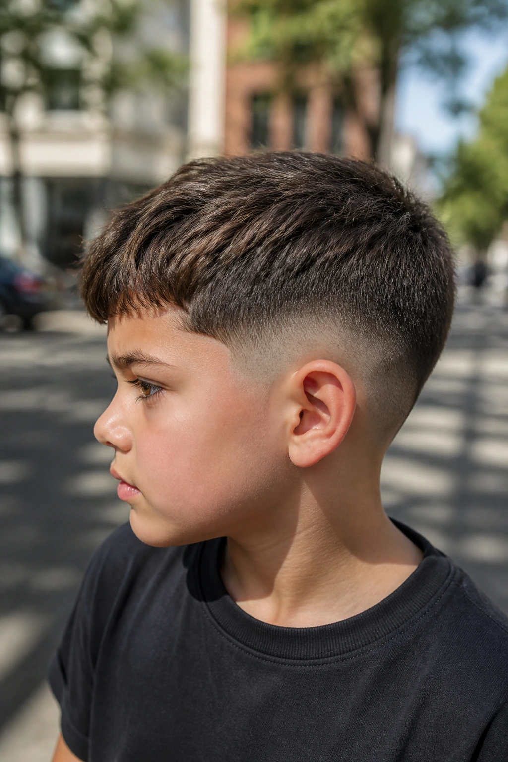 Close-up portrait of a real boy with drop fade and crop top outdoors