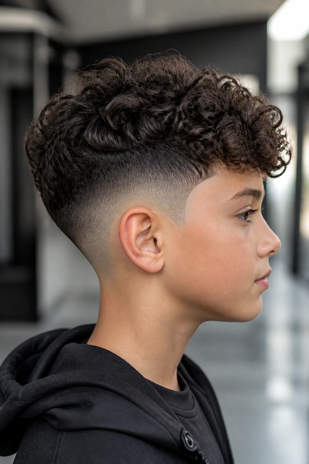 Boy with curls on top and a drop fade behind the ear, side profile.
