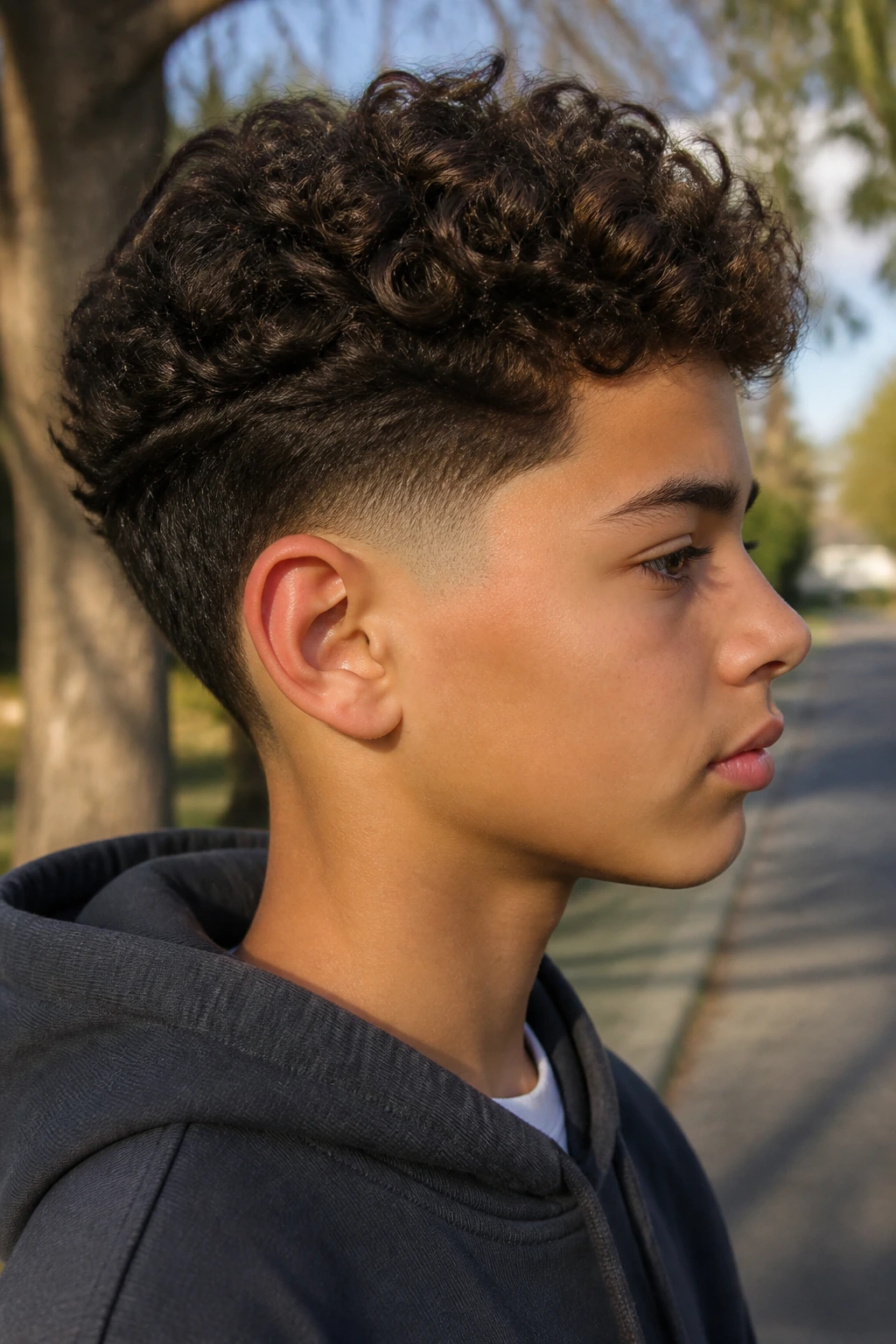 Side-profile portrait of a boy with drop fade curls behind the ear