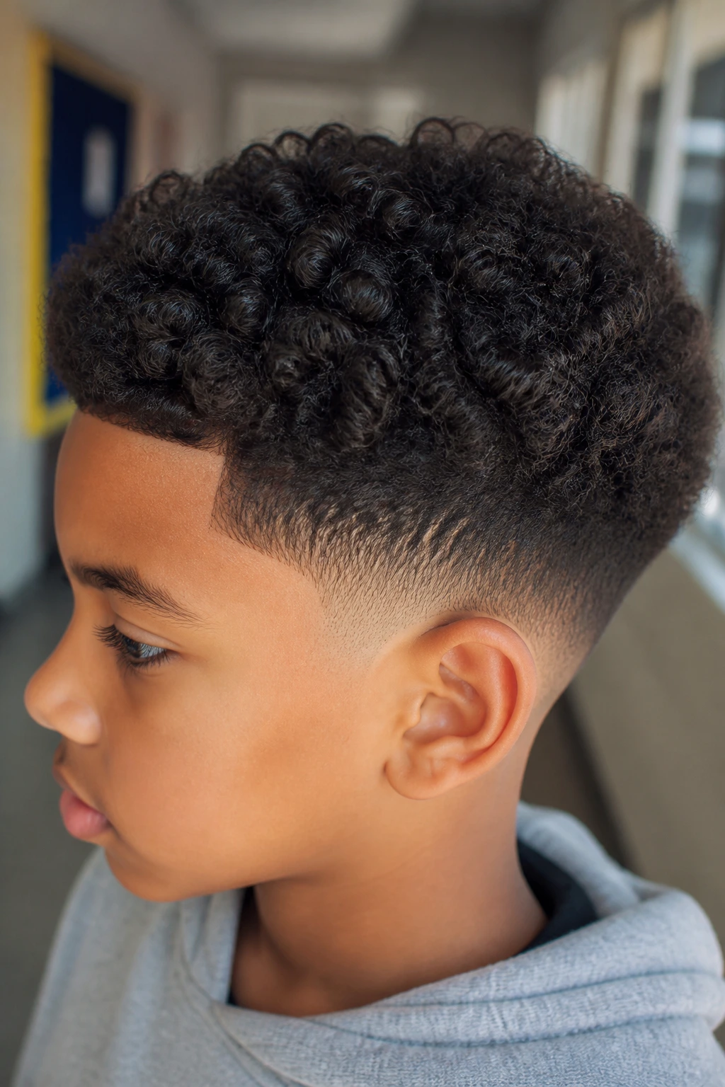 Close-up of a Black boy with drop fade and curly crown