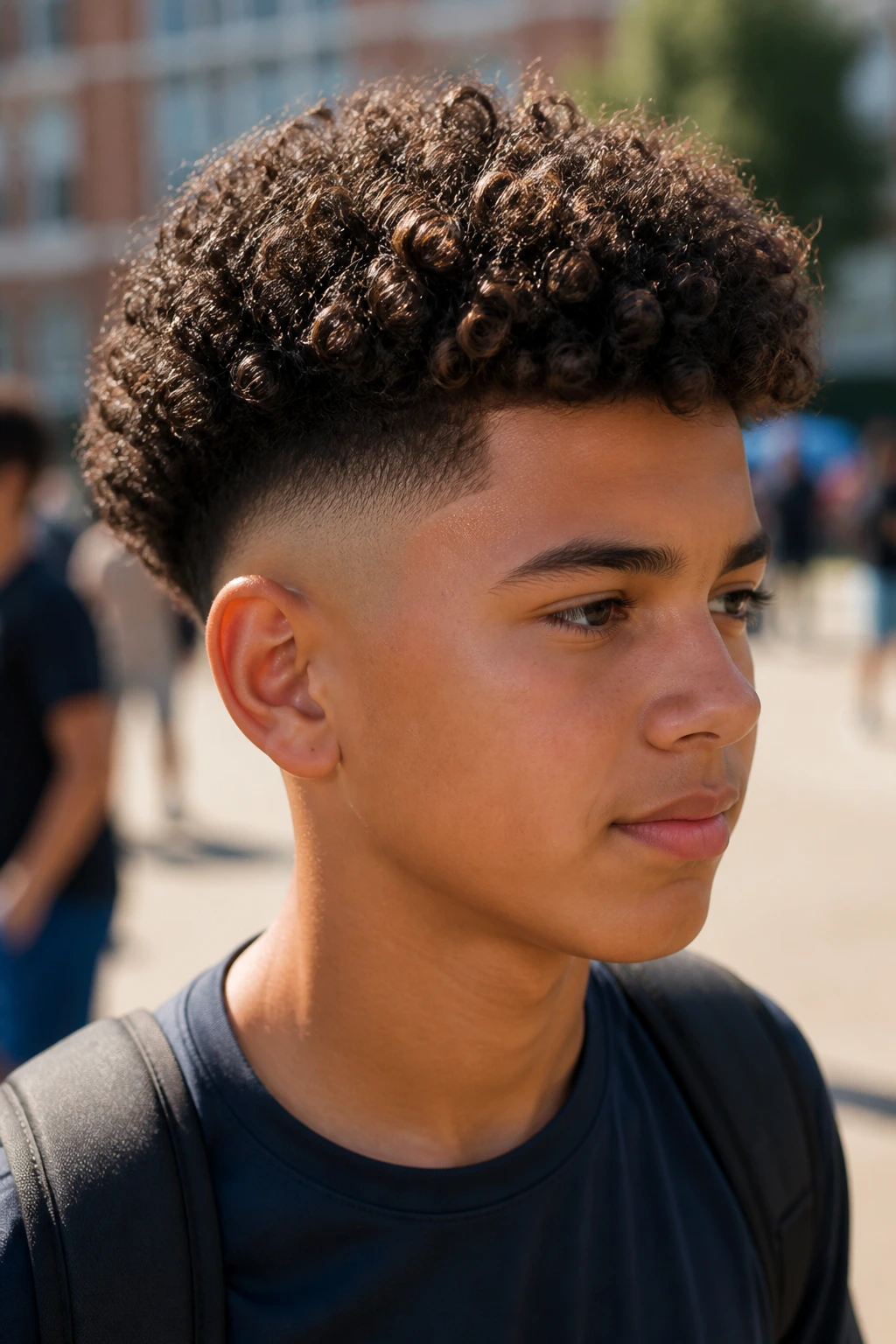 Close-up portrait of a real boy with a drop fade and soft curl crown