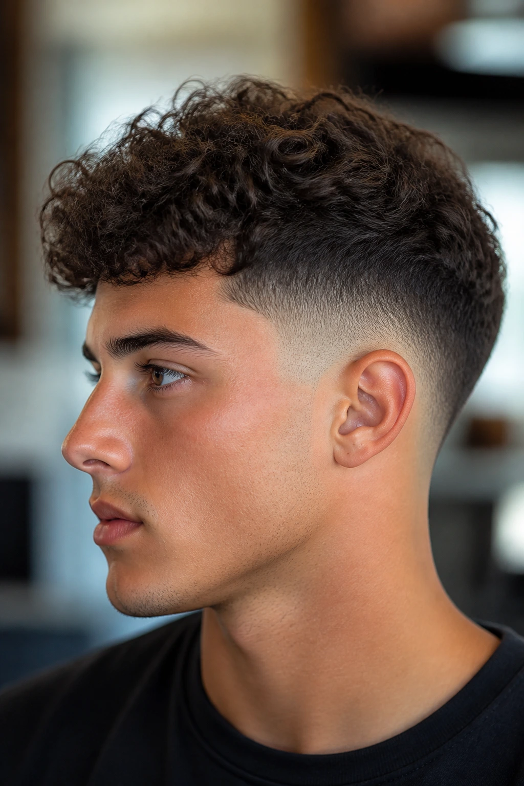 Close-up of man with drop fade and curly top